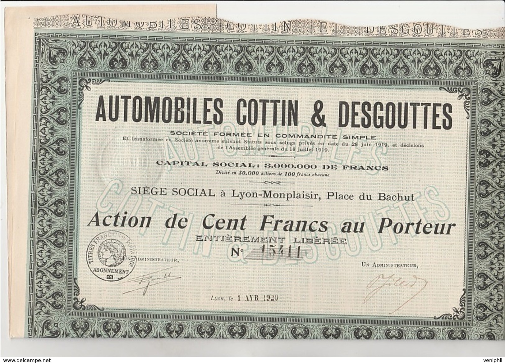 ACTION DE 100 FRANCS - AUTOMOBILES COTTIN & DESGOUTTES -  LYON - MONPLAISIR -ANNEE 1920 - Automobil