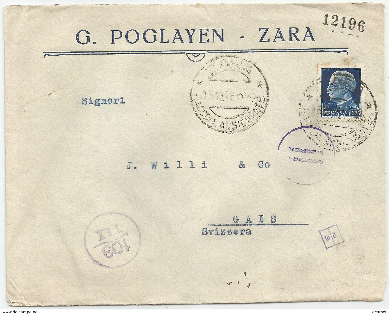 LETTERA DA ZARA PER ESTERO (SVIZZERA) 1,25 L. Imperiale. 03/10/1942. Bolli E Fascetta Di Censura - Marcofilie