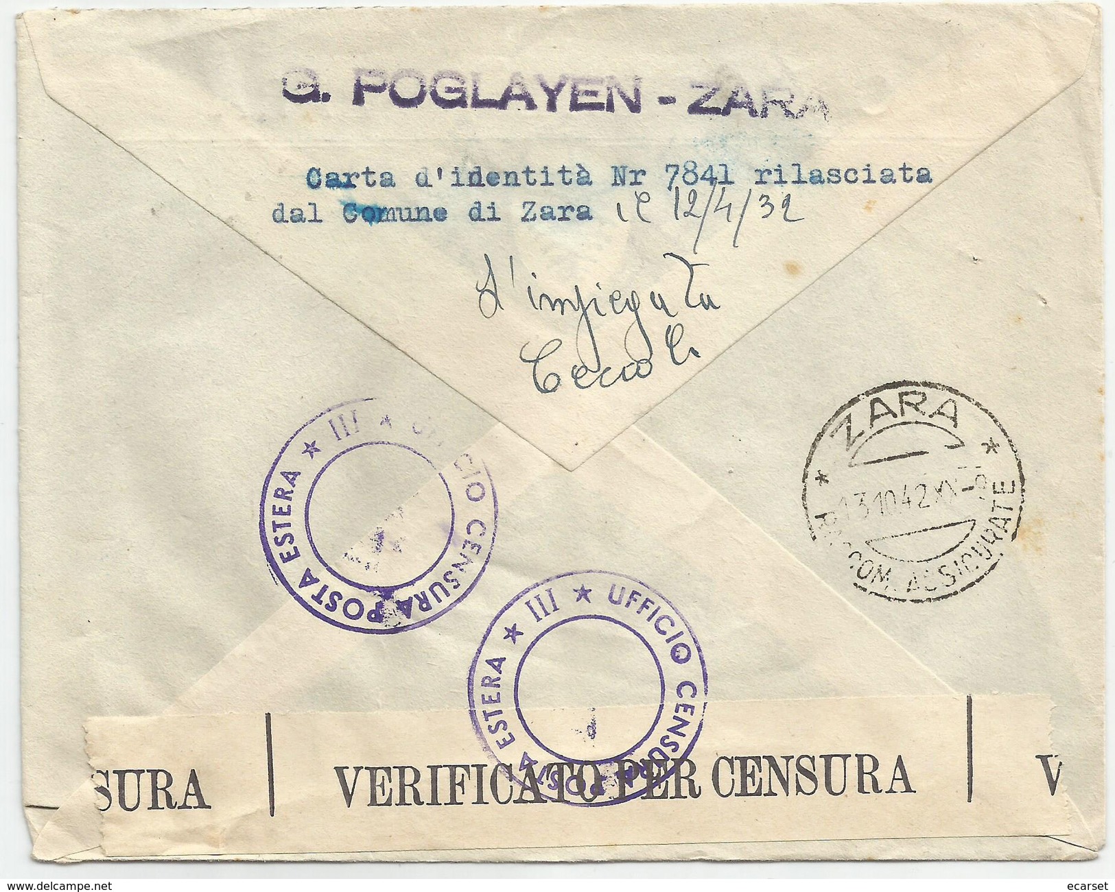 LETTERA DA ZARA PER ESTERO (SVIZZERA) 1,25 L. Imperiale. 03/10/1942. Bolli E Fascetta Di Censura - Storia Postale