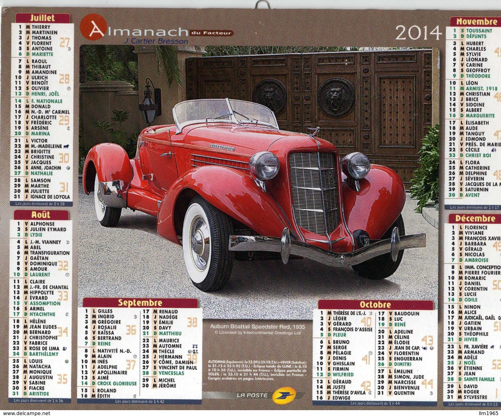 Calendrier Almanach La Poste 2014 Voitures Anciennes Rétro AC Cobra Blue 1966 Et Auburn Boattail Red 1935 - Big : 1991-00