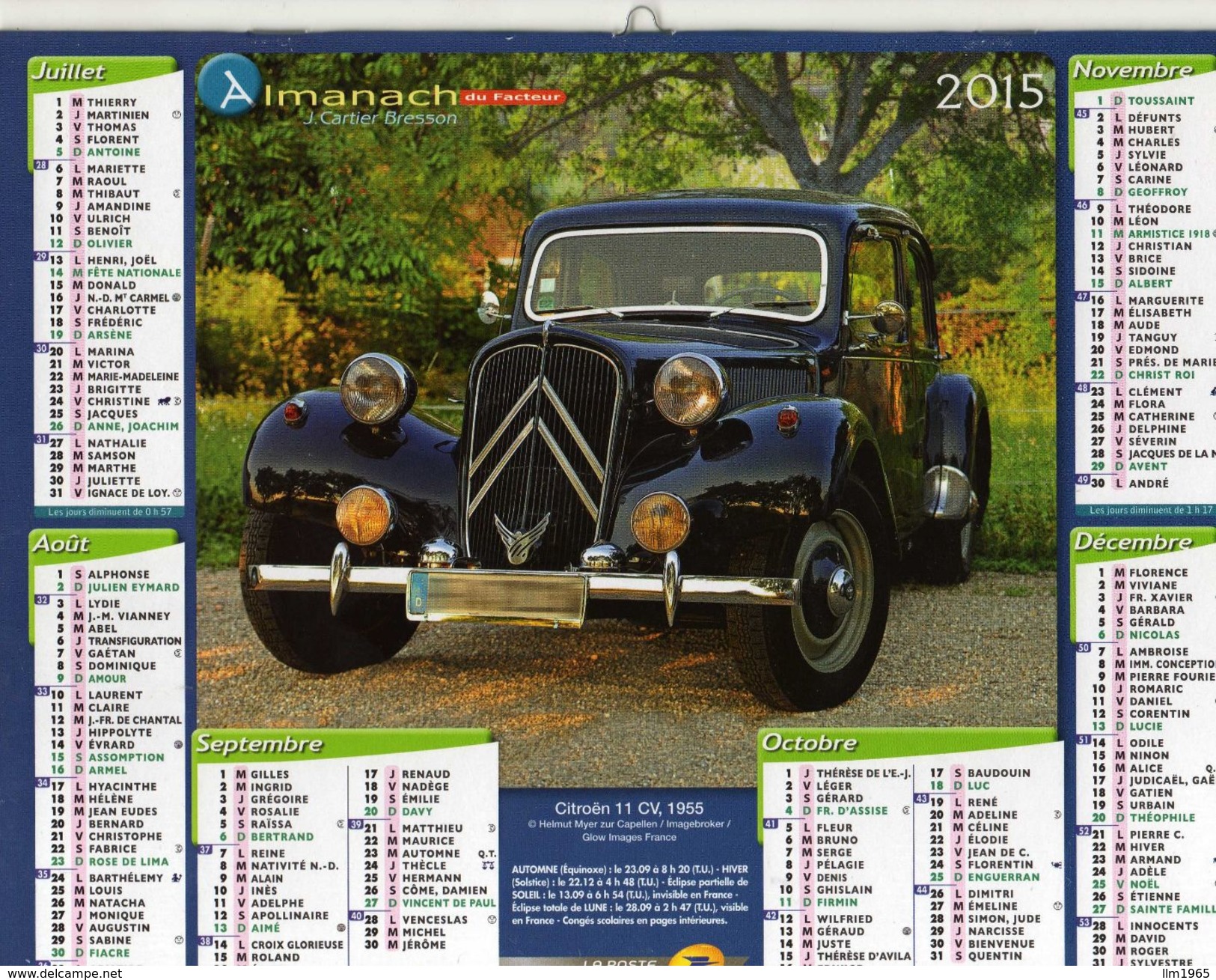 Calendrier Almanach La Poste 2015 Voitures Anciennes Rétro Citroën DS Et Citroën 11 CV 1955 - Grand Format : 1991-00