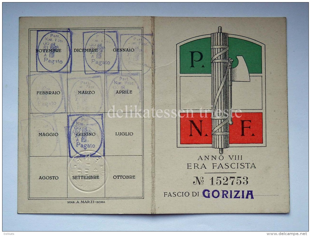 Tessera PNF PARTITO NAZIONALE FASCISTA Gorizia 1930 Fascismo - Historical Documents