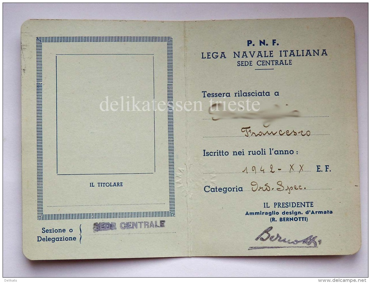 Tessera PNF LEGA NAVALE ITALIANA Roma 1942 Fascismo Fascista - Documenti Storici