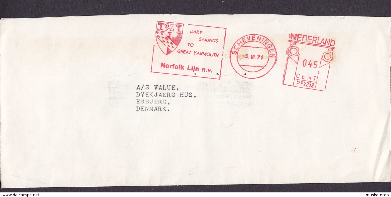 Netherlands ATM Slogan Flamme 'Daily Sailings Great Yarmouth NORFOLK LIJN, SCHEVENINGEN 1971 Meter Cover Brief Denmark - Franking Machines (EMA)