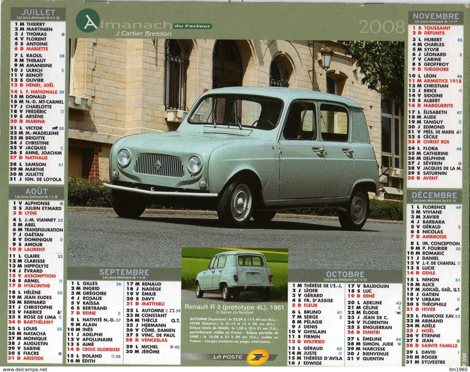 Calendrier Almanach La Poste 2008 Voitures Anciennes Citroën DS 19 1956 Et Renault R3 (prototype 4L) 1961 - Grand Format : 1991-00