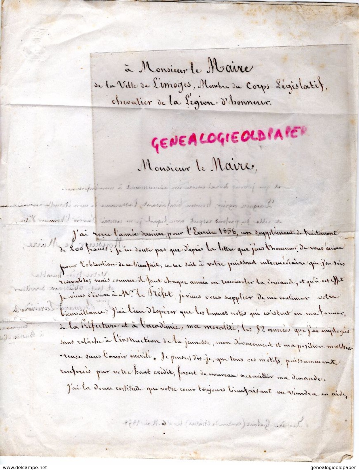 LETTRE EMPIRE 20 C-ARMAND NOUALHIER MAIRE LIMOGES PARIS-CHALUS1858- BESNARD LARIVIERE INSTITUTEUR BUSSIERE GALANT - 1849-1876: Période Classique