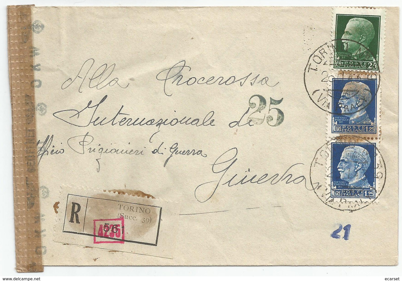 RACCOMANDATA PER ESTERO (Svizzera/Croce Rossa) Affr. Imperiale. Torino 26/01/1943. Bolli E Fascetta Di Censura Tedesca - Storia Postale