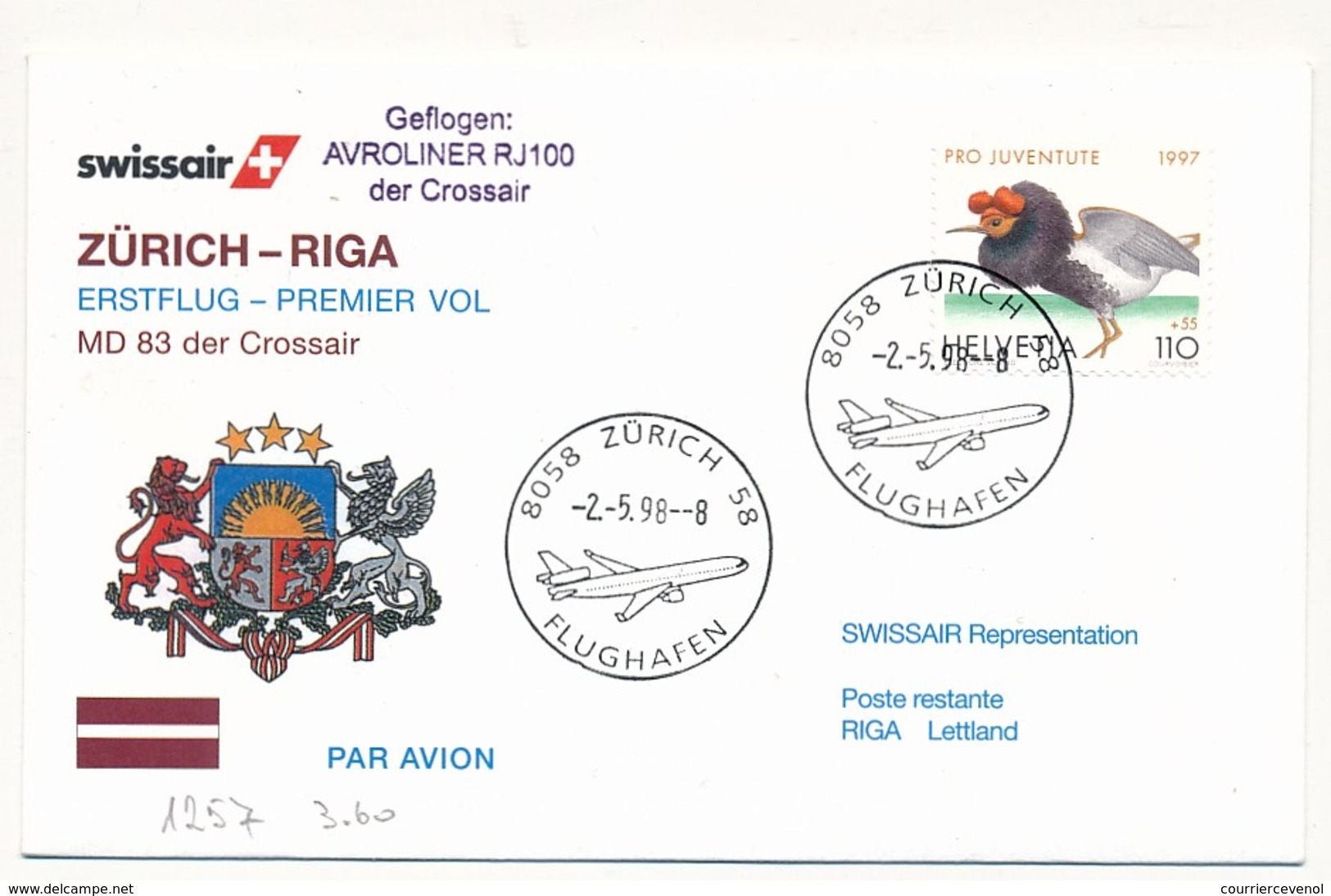 SUISSE - Enveloppe Premier Vol ZURICH => RIGA 1998 - MD 83 - Premiers Vols