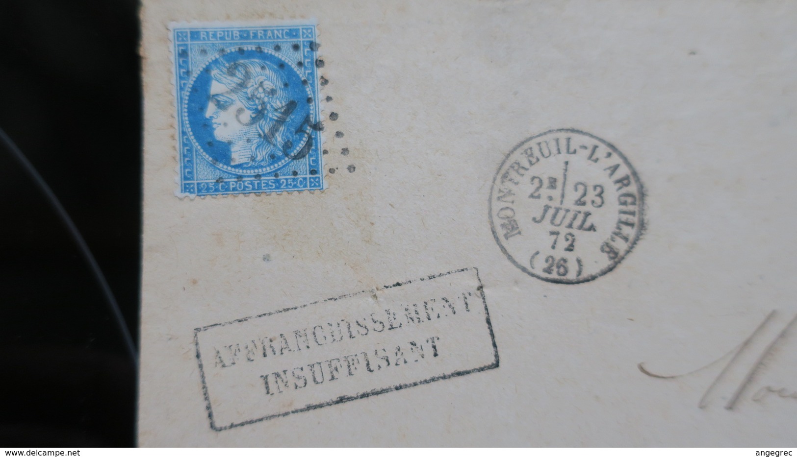 Lettre N° 60 De Montreuil L'argile 1872 Taxe Pour Affranchissement Insuffisant Et Variété Angle Inf. Gauche Brisé - 1849-1876: Période Classique