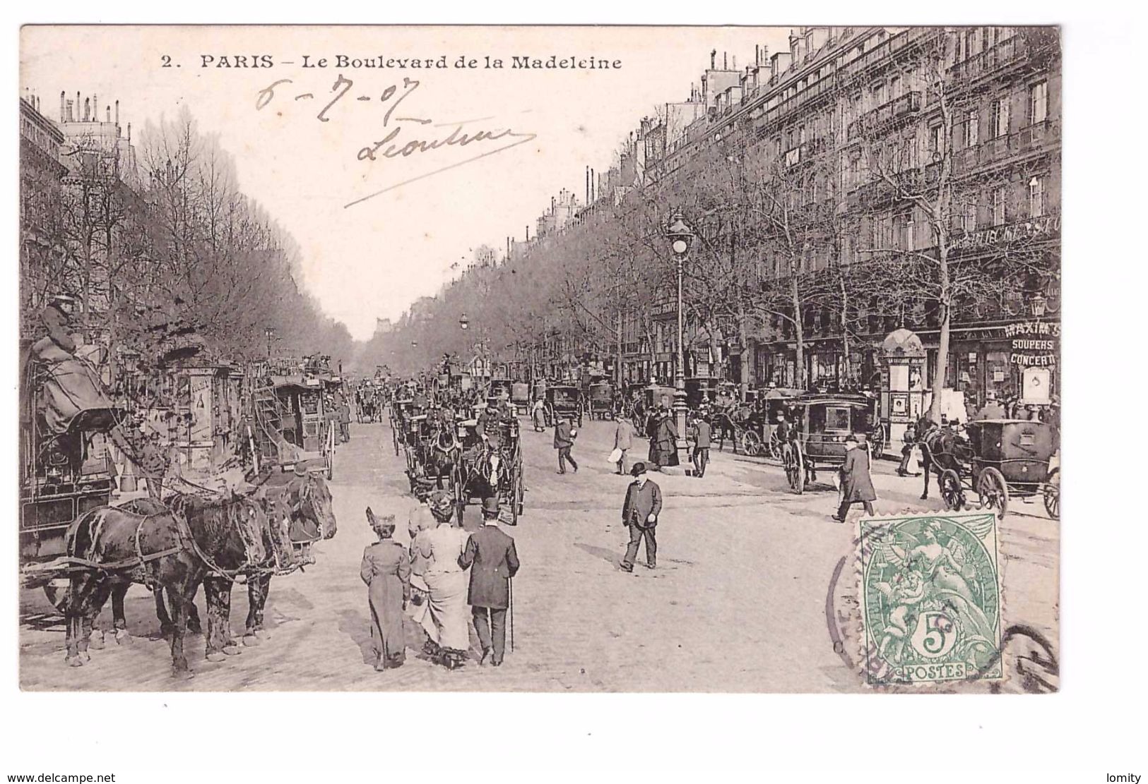 75 Paris Boulevard De La Madeleine Attelage Cpa Animée Cachet 1907 - Autres & Non Classés