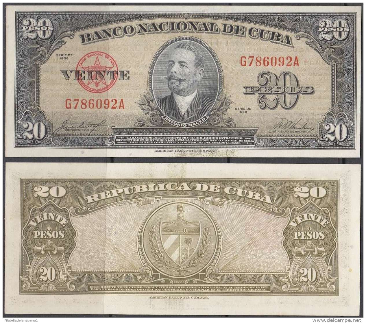 1958-BK-230 CUBA 20$ 1958. ANTONIO MACEO. UNC. MANCHAS DE IMPRENTA. - Cuba