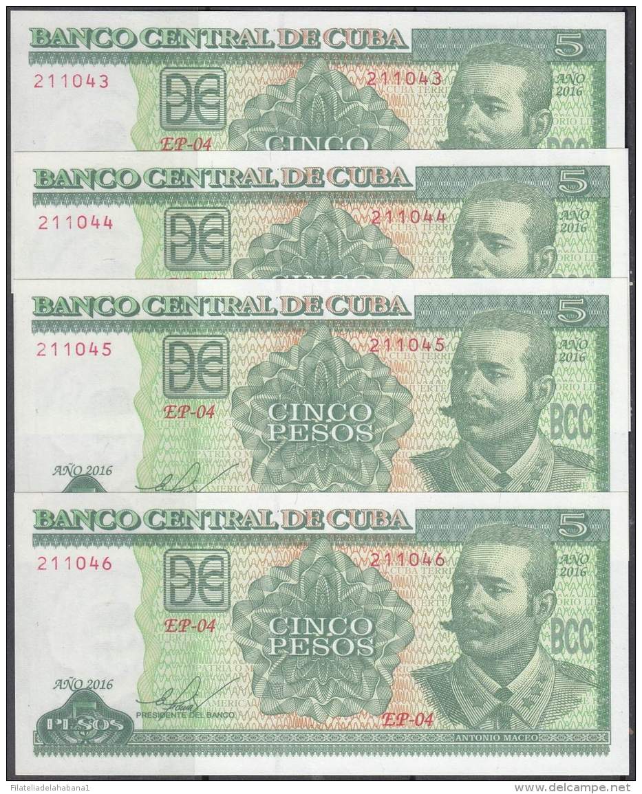 2016-BK-26 CUBA 5$ 2016 ANTONIO MACEO UNC 4 CONSECUTIVE. - Cuba