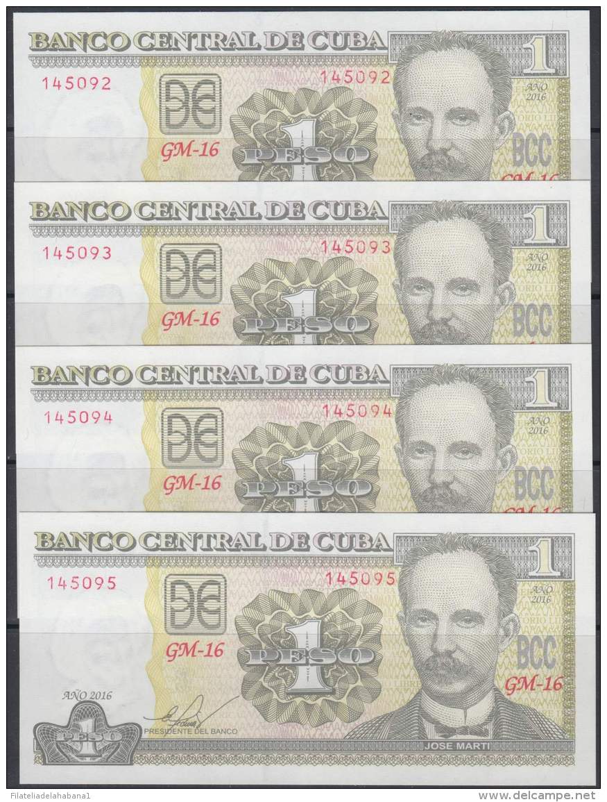 2016-BK-23 CUBA 1$ 2016 JOSE MARTI UNC 4 CONSECUTIVE. - Cuba