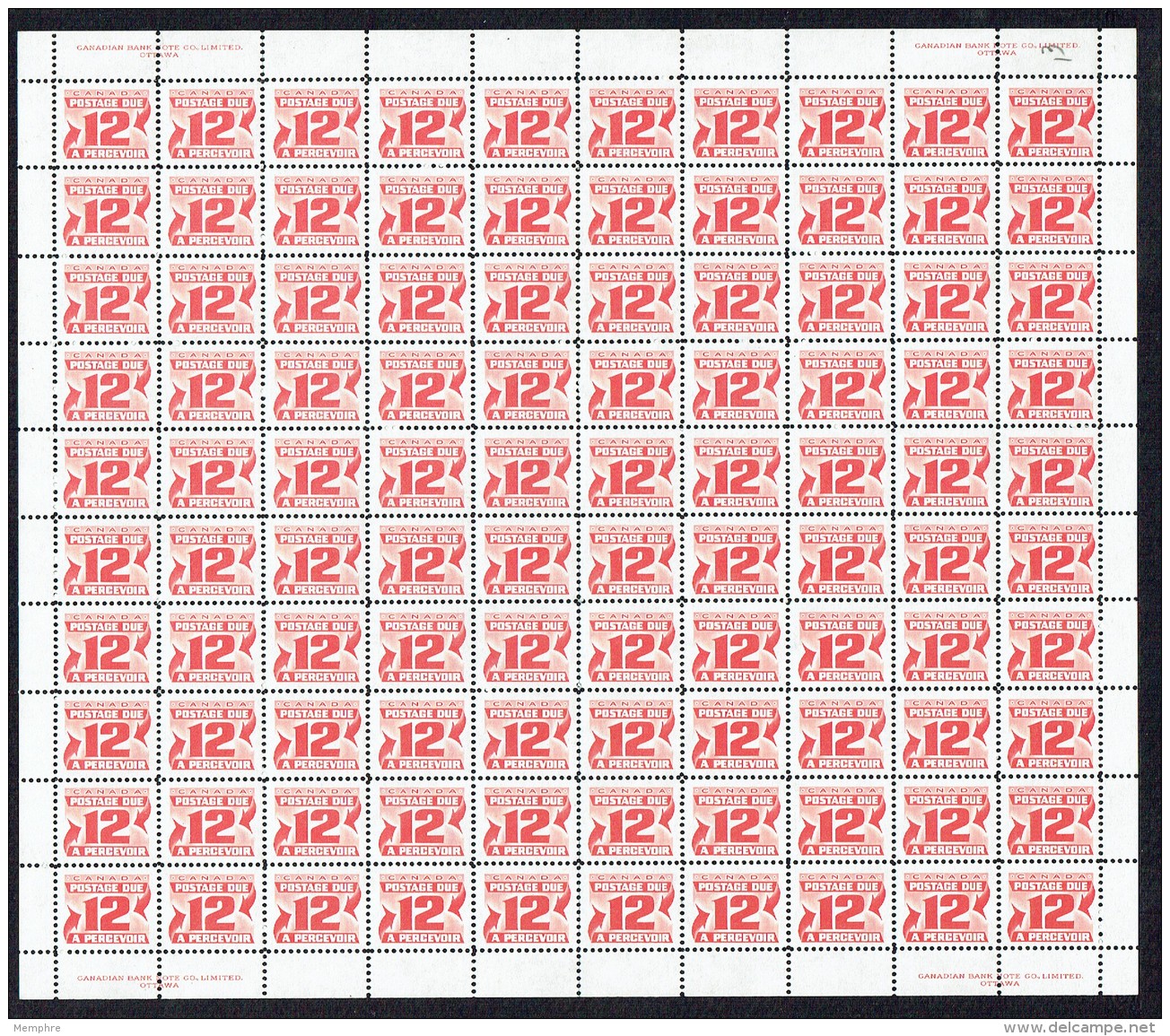 Postage Due - Third Issue 12&cent;  Sc J36i MNH Sheet Of 100 - Feuilles Complètes Et Multiples
