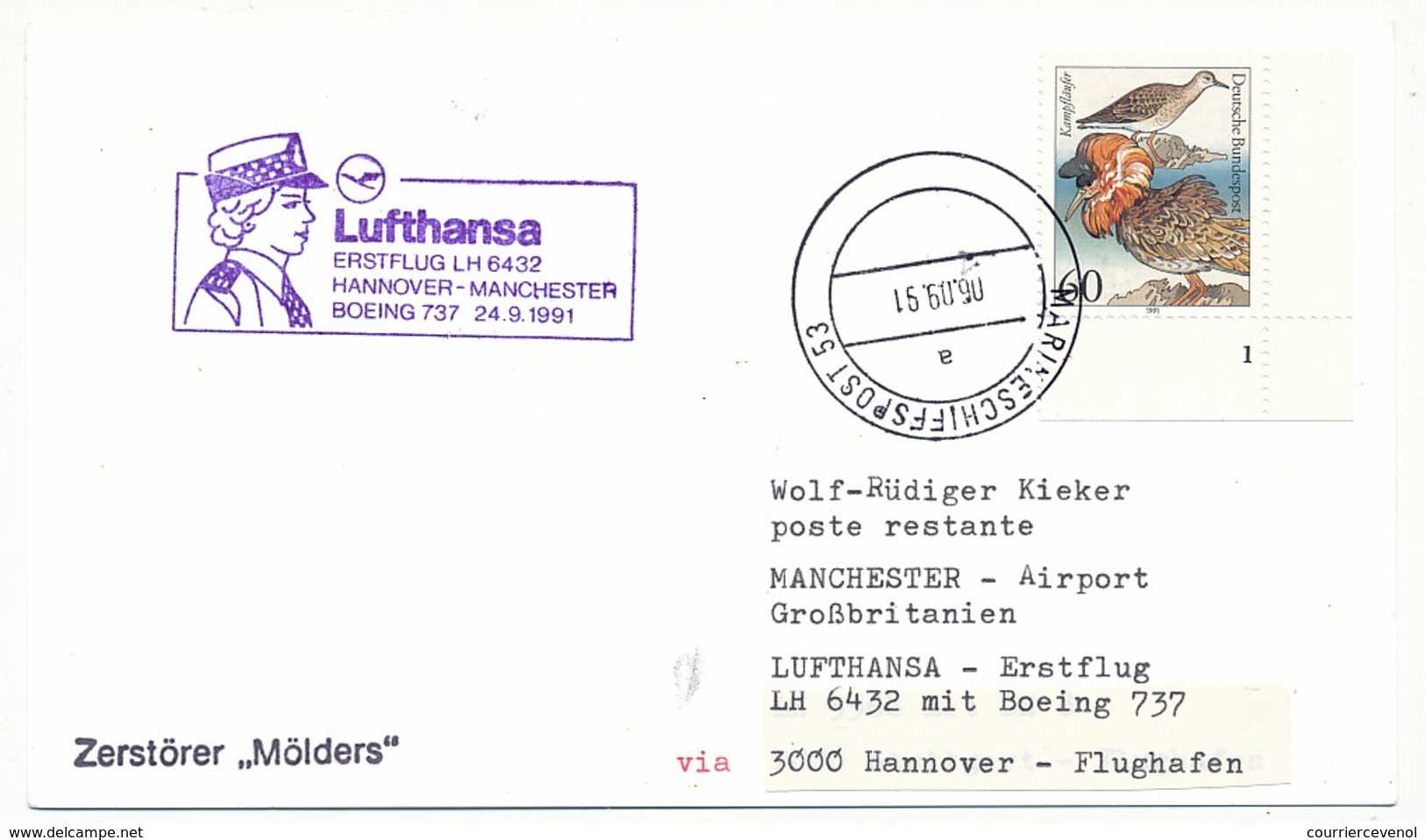 ALLEMAGNE - Carte Premier Vol Lufthansa LH 6432 Boeing 737 - HANNOVRE => MANCHESTER 1991 - Otros & Sin Clasificación