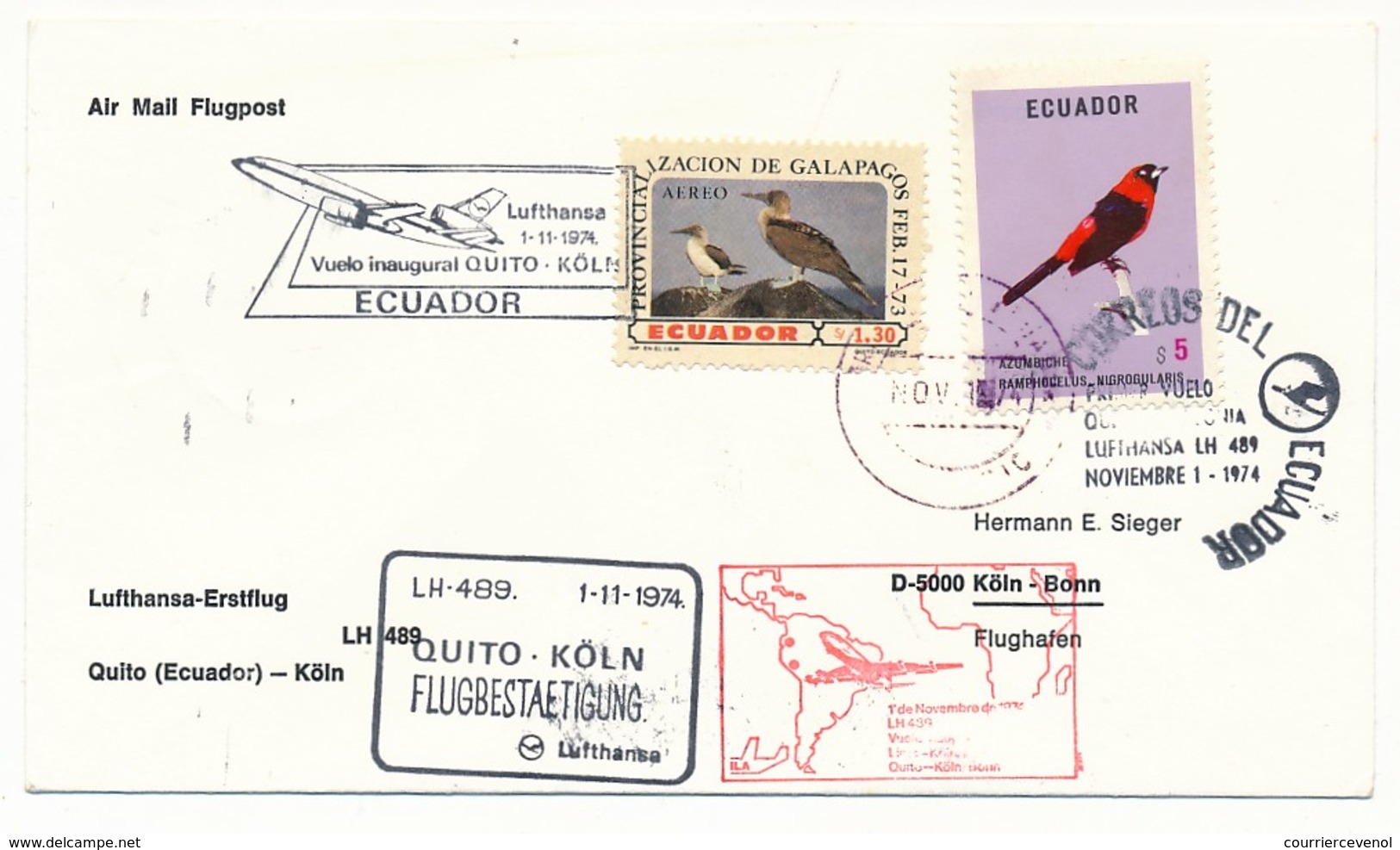 EQUATEUR - Enveloppe Premier Vol Lufthansa LH 489 - QUITO => COLOGNE 1974 - Ecuador