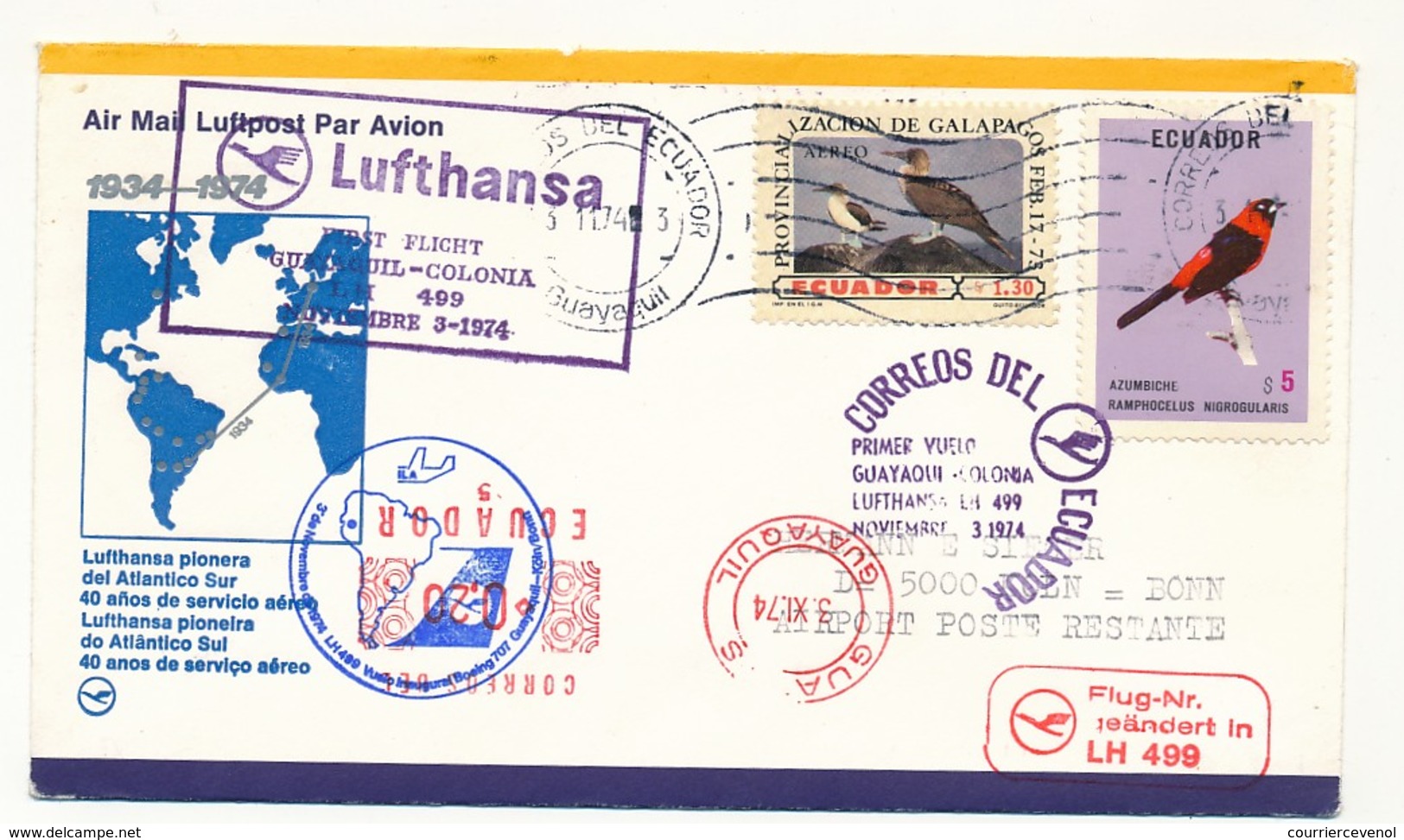 EQUATEUR - Enveloppe Premier Vol Lufthansa LH 499 - QUAYAQUIL => COLOGNE 1974 - Ecuador