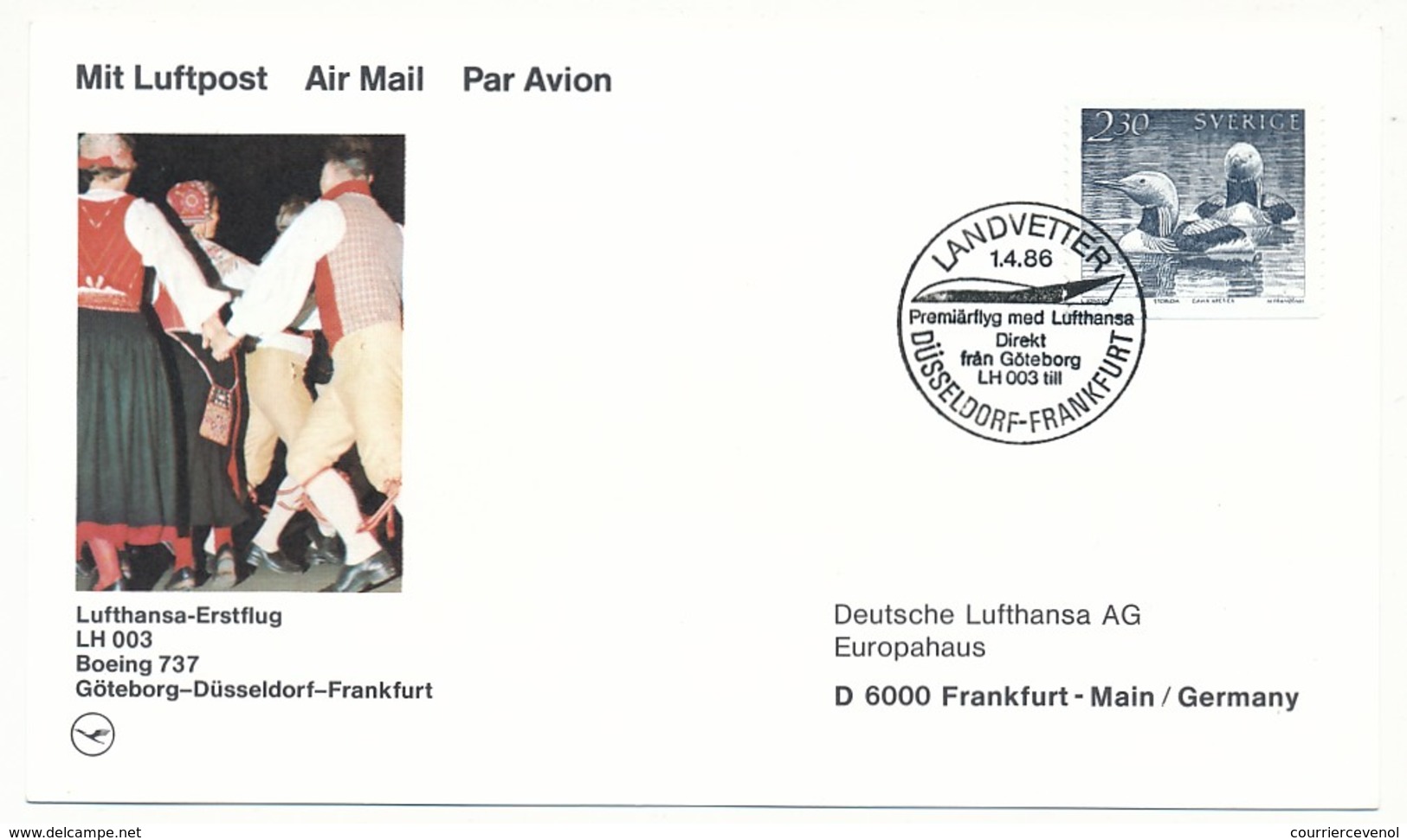 SUEDE - Enveloppe Premier Vol Lufthansa LH 003 Boeing 737 - Göteborg => Dusseldorf => Francfort 1986 - Covers & Documents