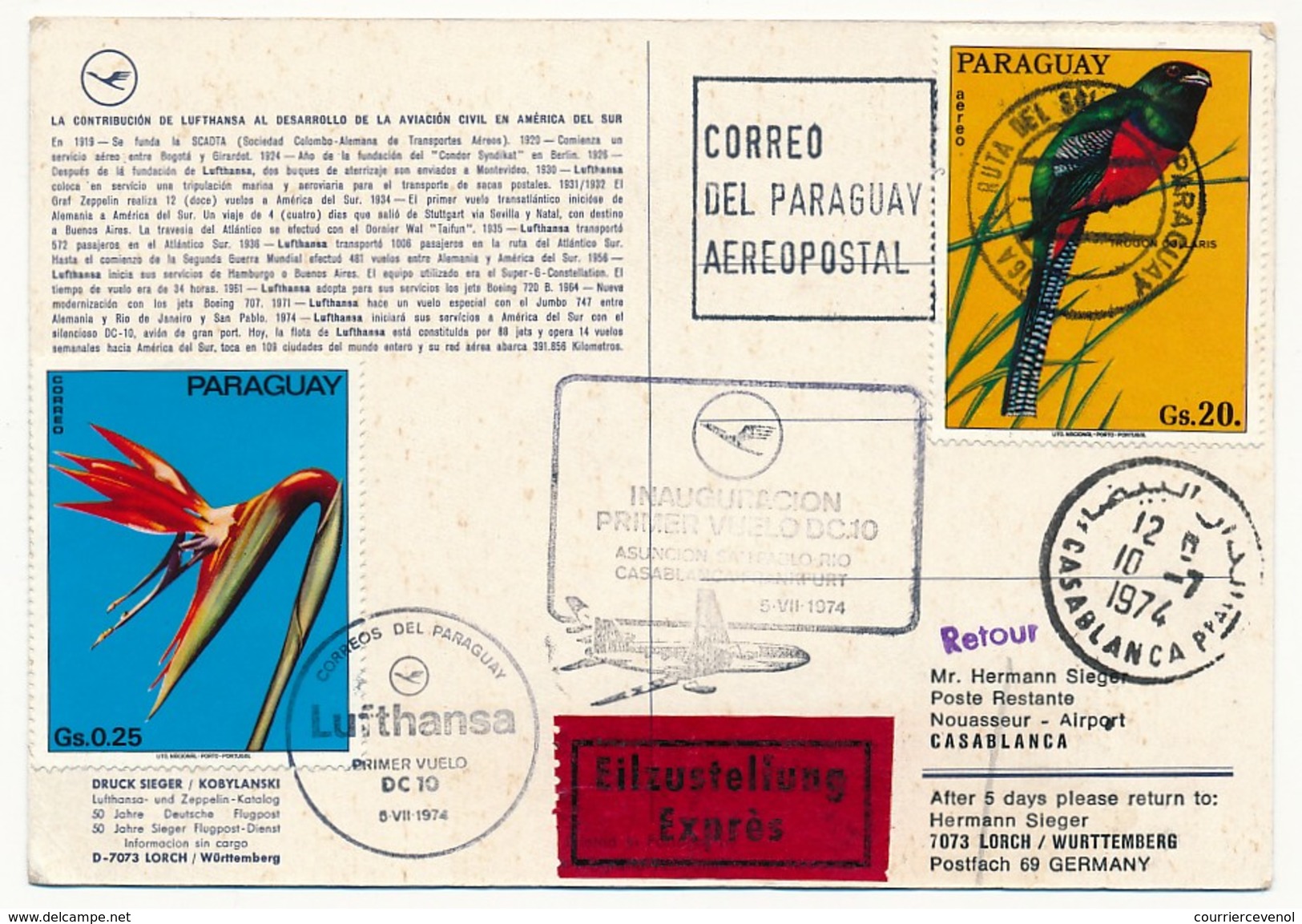 PARAGUAY - Carte Premier Vol Lufthansa DC10 - Ascuncion => Rio => Casablanca => Francfort 1974 - Paraguay