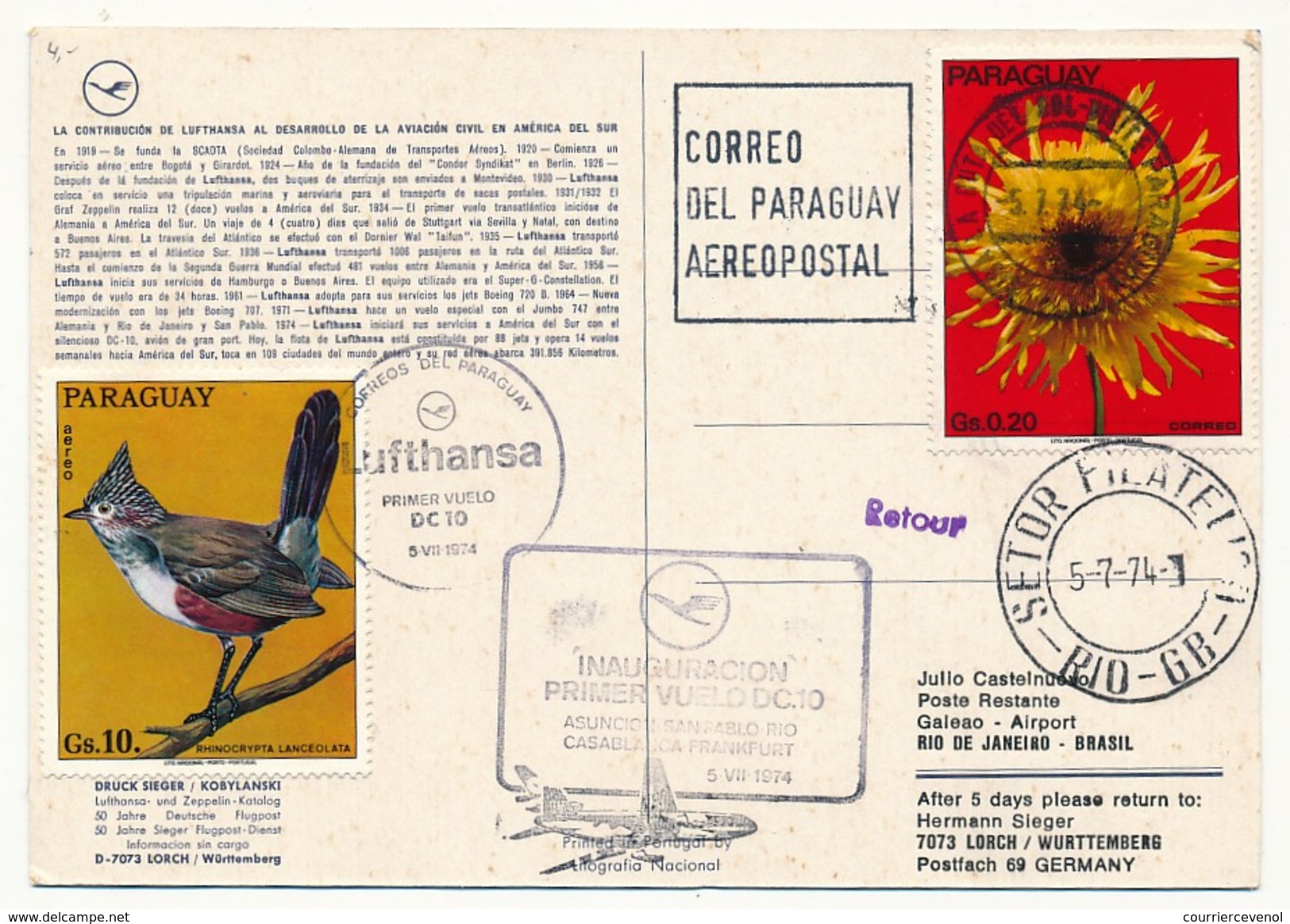 PARAGUAY - Carte Premier Vol Lufthansa DC10 - Ascuncion => Rio => Casablanca => Francfort 1974 - Paraguay