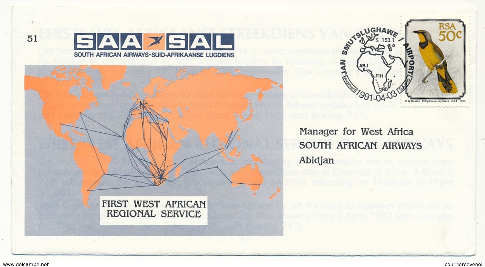 RSA - Enveloppe First West African Regional Service - 1991 - Airmail