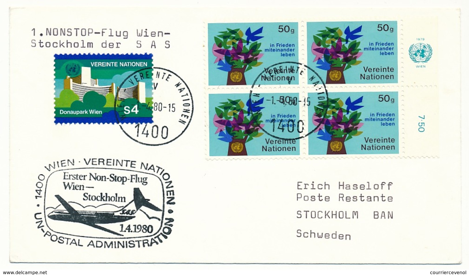 NATIONS UNIES VIENNE - Enveloppe Premier Vol SAS - VIENNE => STOCKHOLM 1980 - Sonstige & Ohne Zuordnung