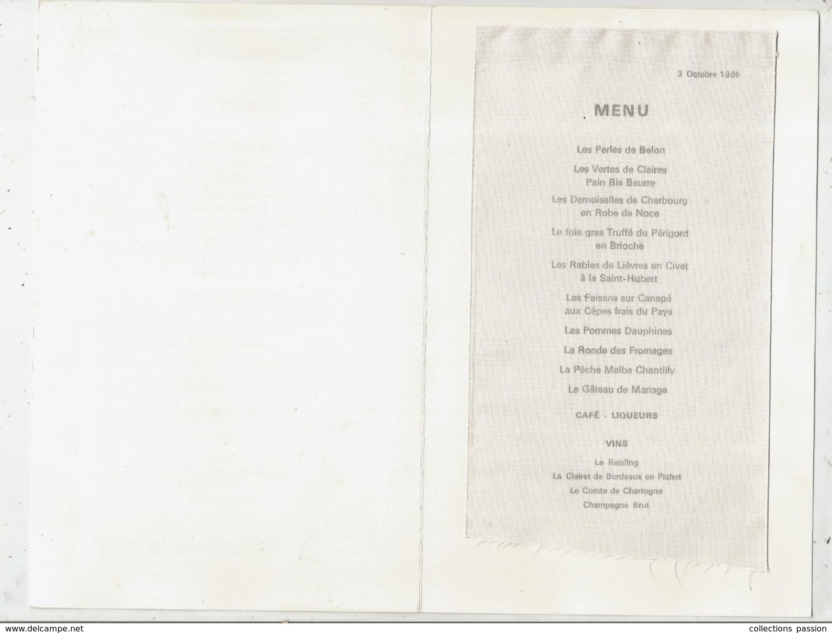 MENU , Colombes , Sur Ruban Tissus , 1966, 2 Scans , Frais Fr : 1.45 E - Menu