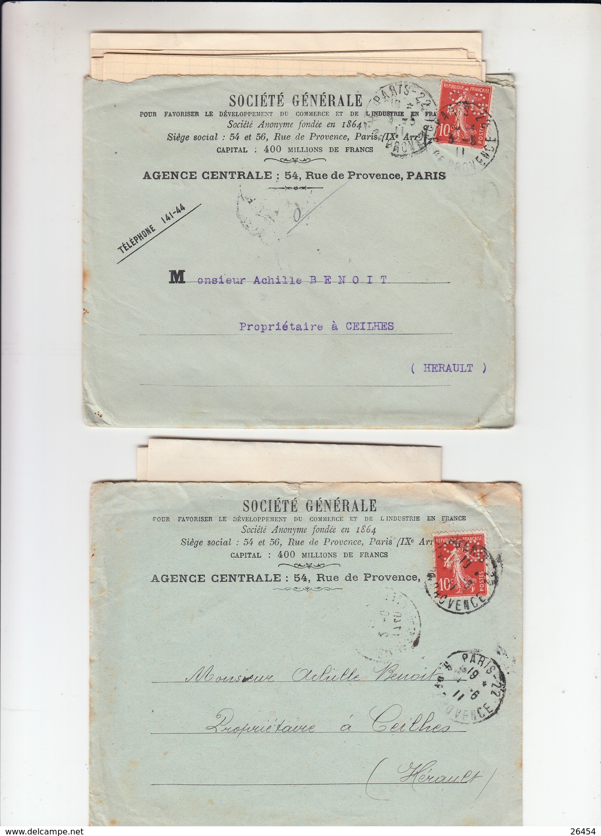 2 Lettres  + Envel BANCAIRE De PARIS  1911   Avec  "  Timbre  PERFORE SG  10c Rouge  " - Autres & Non Classés