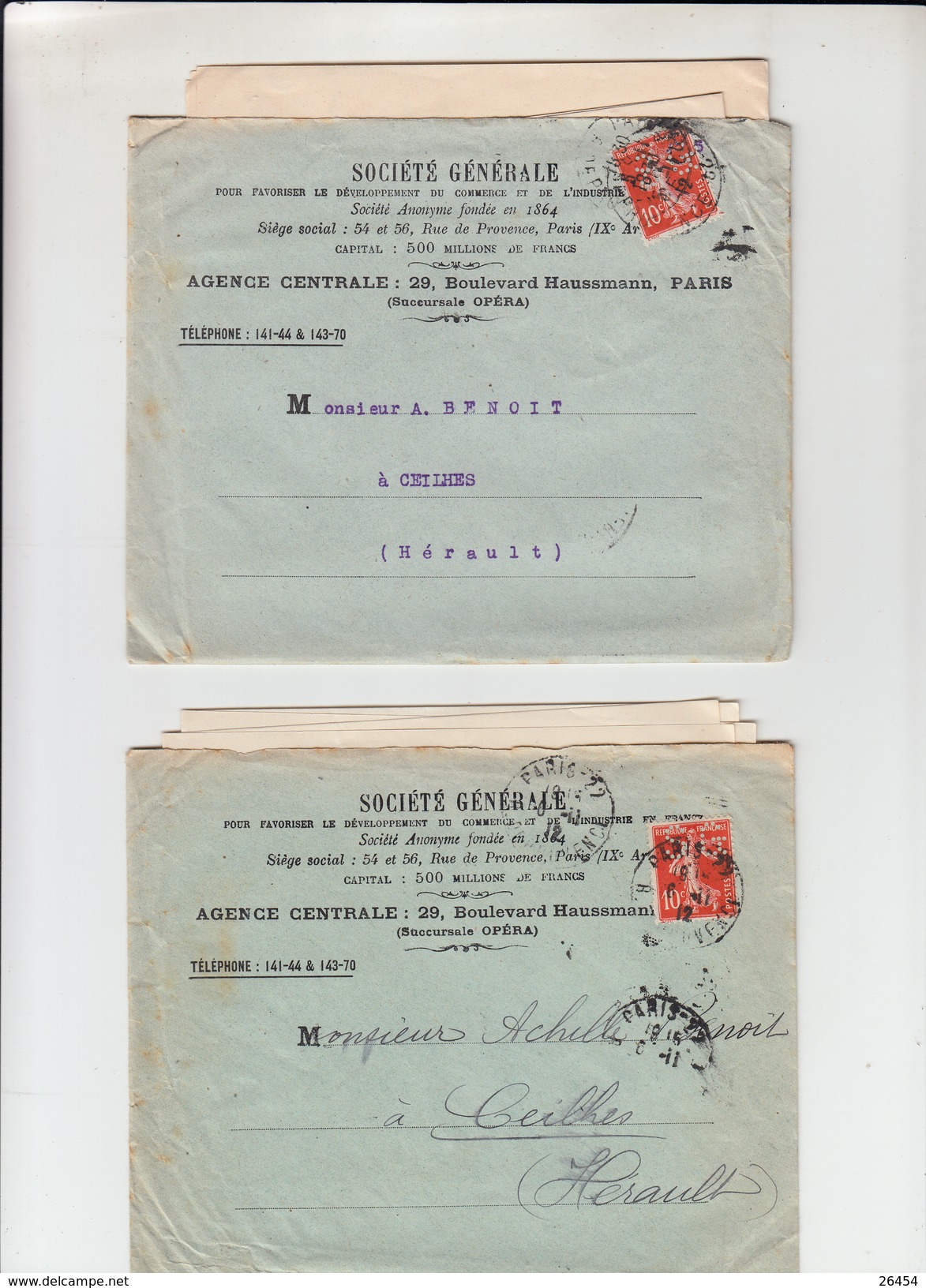 2 Lettres  + Envel BANCAIRE De PARIS    1912   Avec  "  Timbre  PERFORE SG  10c Rouge  " - Autres & Non Classés