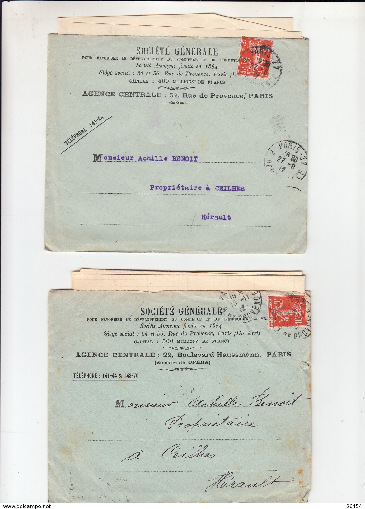 2 Lettres  + Envel BANCAIRE De PARIS    1912   Avec  "  Timbre  PERFORE SG  10c Rouge  " - Autres & Non Classés