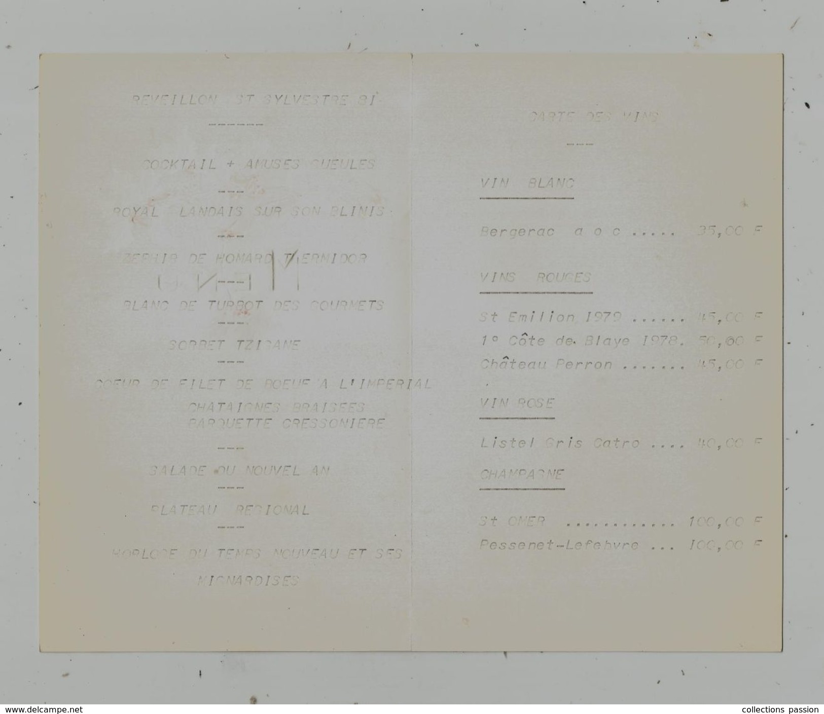 MENU , Réveillon SAINT SYLVESTRE 1981 , Menu Et Carte Des Vins , 2 Scans - Menu