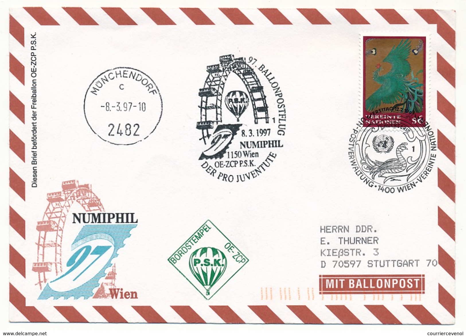 NATIONS UNIES VIENNE - Enveloppe 97eme Ballonposteflug - NUMIPHIL 1997 - Other & Unclassified