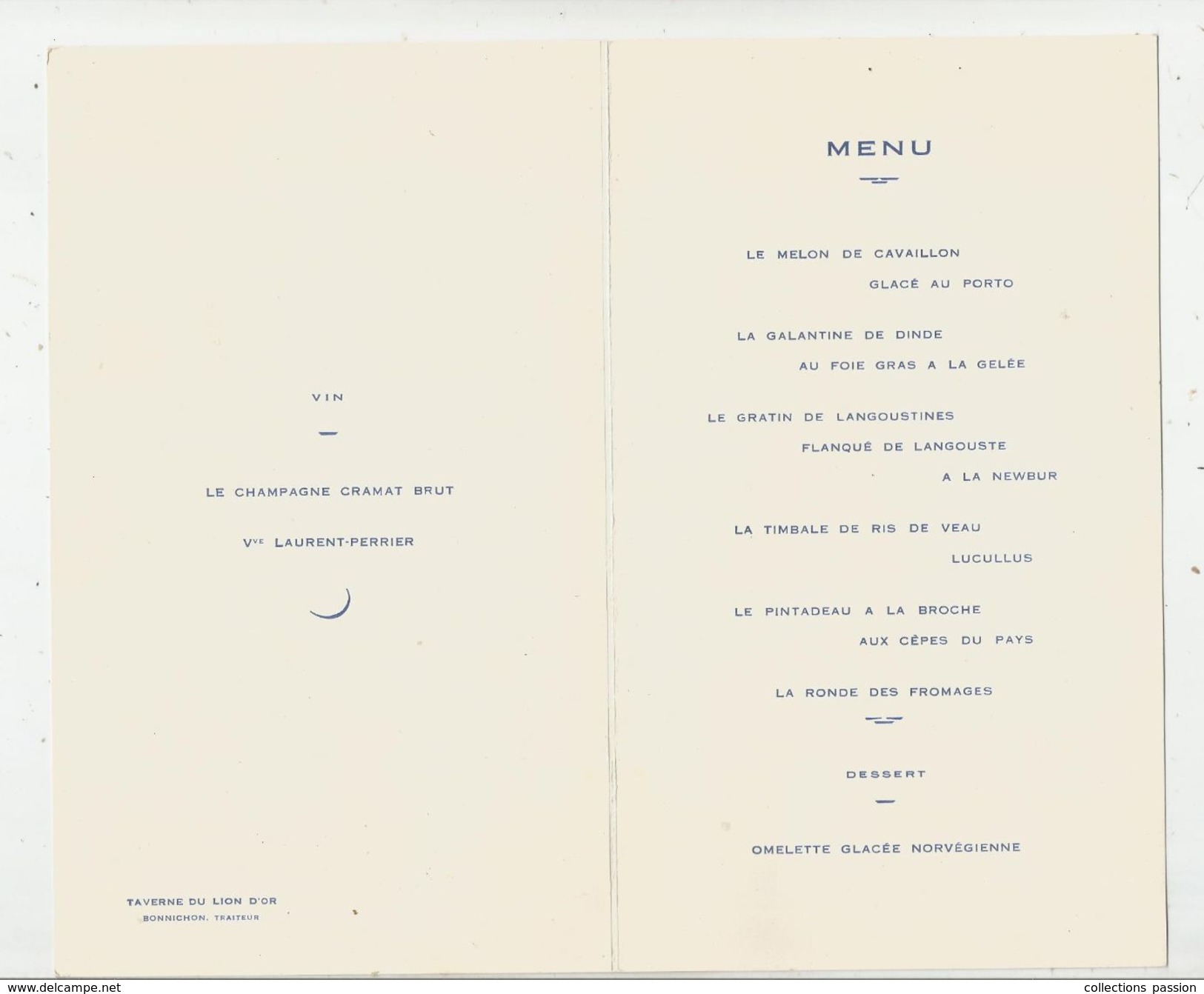 Menu , 4 Pages ,2 Scans ,  1966 , Taverne Du LION D'OR, Bonnichon , Traiteur, Frais Fr : 1.45 E - Menu