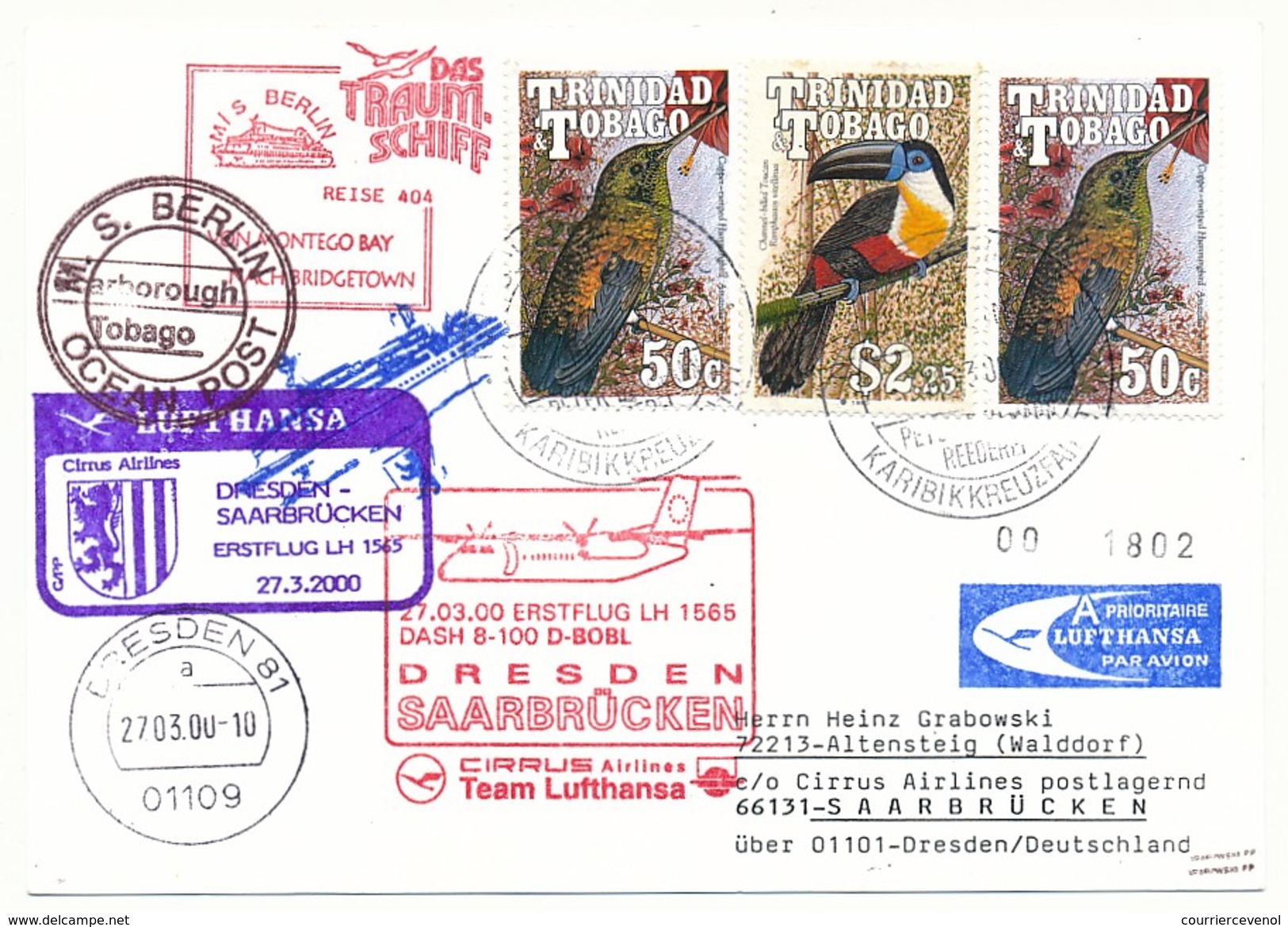 TRINIDAD - Affranchissement Oiseaux Sur CP - Circuit "das Traumshiff Berlin" 2000 - Nombreux Cachets - Trinité & Tobago (1962-...)