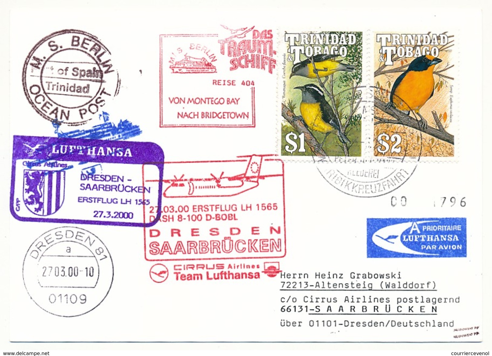 TRINIDAD - Affranchissement Oiseaux Sur CP - Circuit "das Traumshiff Berlin" 2000 - Nombreux Cachets - Trinité & Tobago (1962-...)