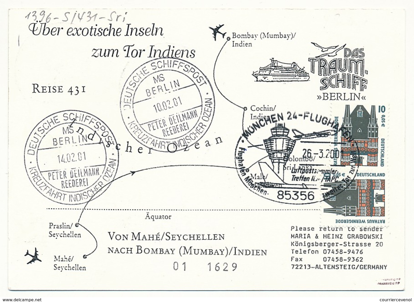 SKRI LANKA - Affranchissement Oiseaux Sur CP - Circuit "das Traumshiff Berlin" 2001 - Nombreux Cachets - Sri Lanka (Ceylon) (1948-...)