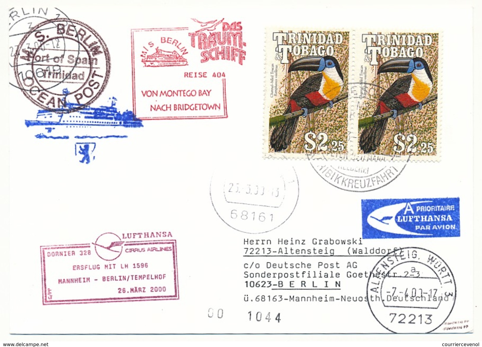 TRINIDAD - Affranchissement Oiseaux Sur CP - Circuit "das Traum-shiff Berlin" 2000 - Nombreux Cachets - Trinidad & Tobago (1962-...)