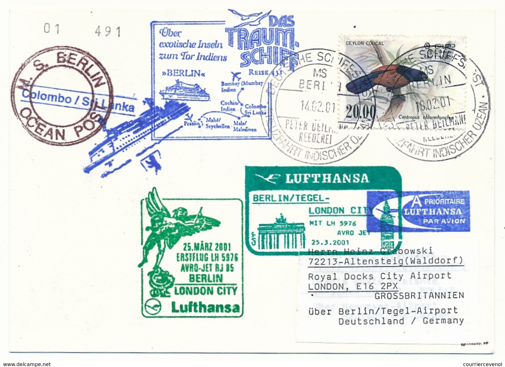 SKRI LANKA - Affranchissement Oiseaux Sur CP - Circuit "das Traum-shiff Berlin" 2001 - Nombreux Cachets - Sri Lanka (Ceylon) (1948-...)