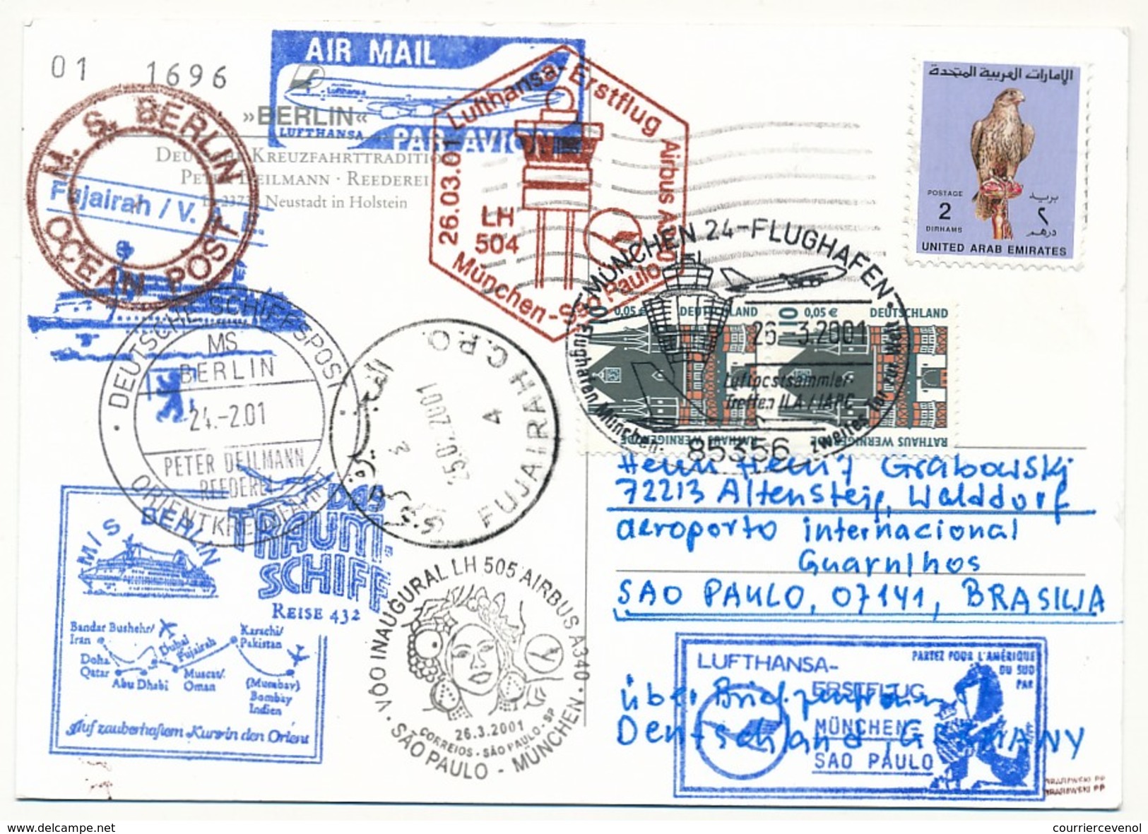 EMIRATS - Affranchissement Oiseaux Sur CP - Circuit "das Traum-shiff Berlin" 2001 - Nombreux Cachets - Emirati Arabi Uniti