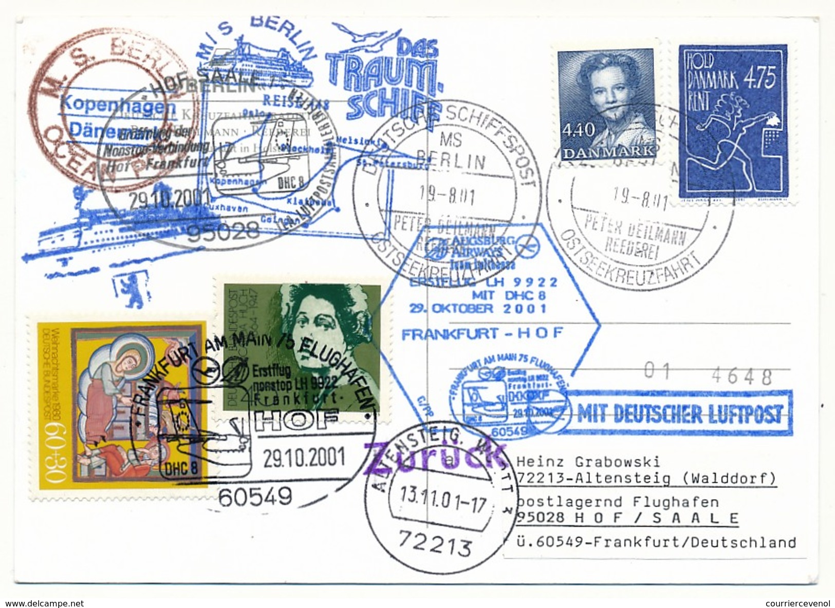 DANEMARK - CP - Circuit "das Traum-shiff M/S Berlin" 2001 - Divers Cachets Paquebot Et Aviation - Voir Scans - Airmail