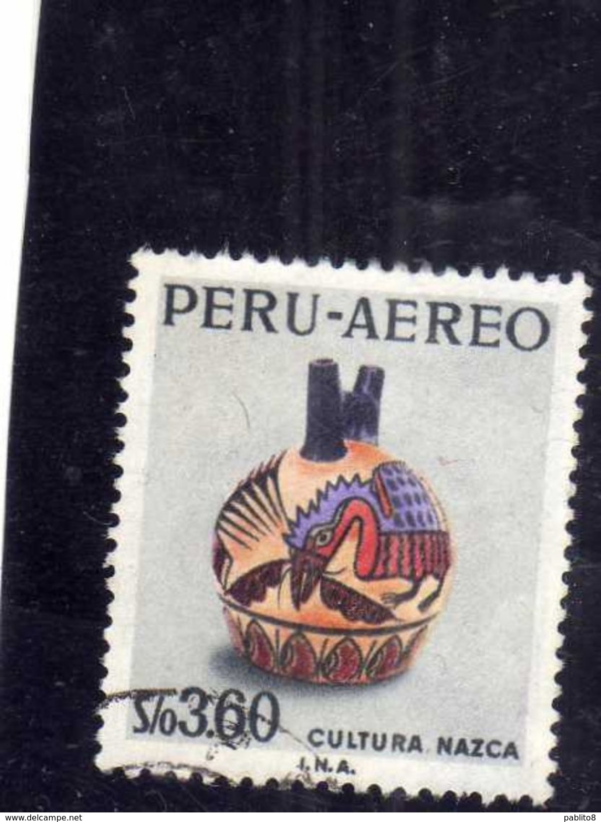 PERU' 1968 AIR MAIL POSTA AEREA FAIR NAZCA CULTURE ROUND JUG DECORATED SOL 3.60s USATO USED OBLITERE' - Peru