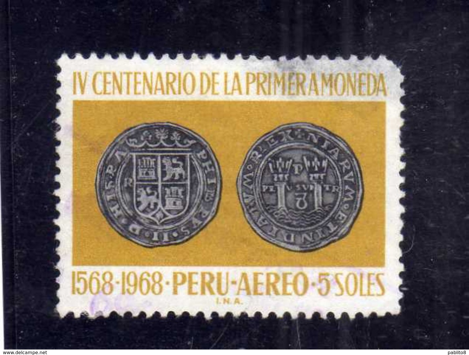 PERU' 1969 AIR MAIL POSTA AEREA First Peruvian Coinage SILVER COIN SOL 5s USATO USED OBLITERE' - Peru