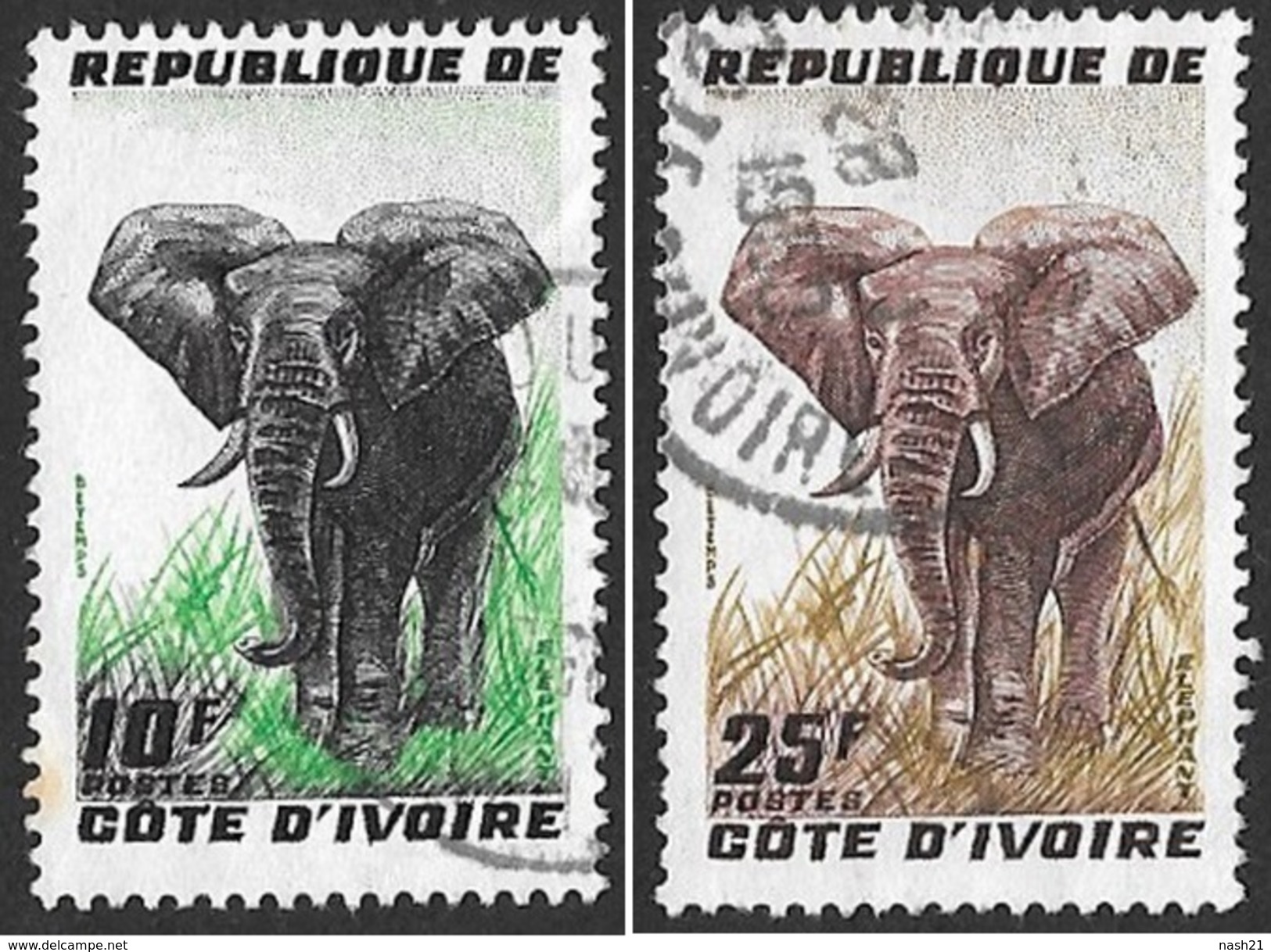 Timbres  De Côte  D' Ivoire  ( République Autonome )  De 1959  _  10 F  &  25 F.  Eléphants - Ivory Coast (1960-...)