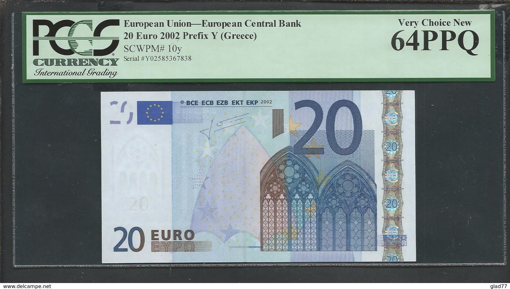 Greece  "Y"  20 EURO PCGS 64 PPQ (Perfect Papere Quality) VERY CHOICE UNC! TRICHET Signature Printer N003D2!! - 20 Euro