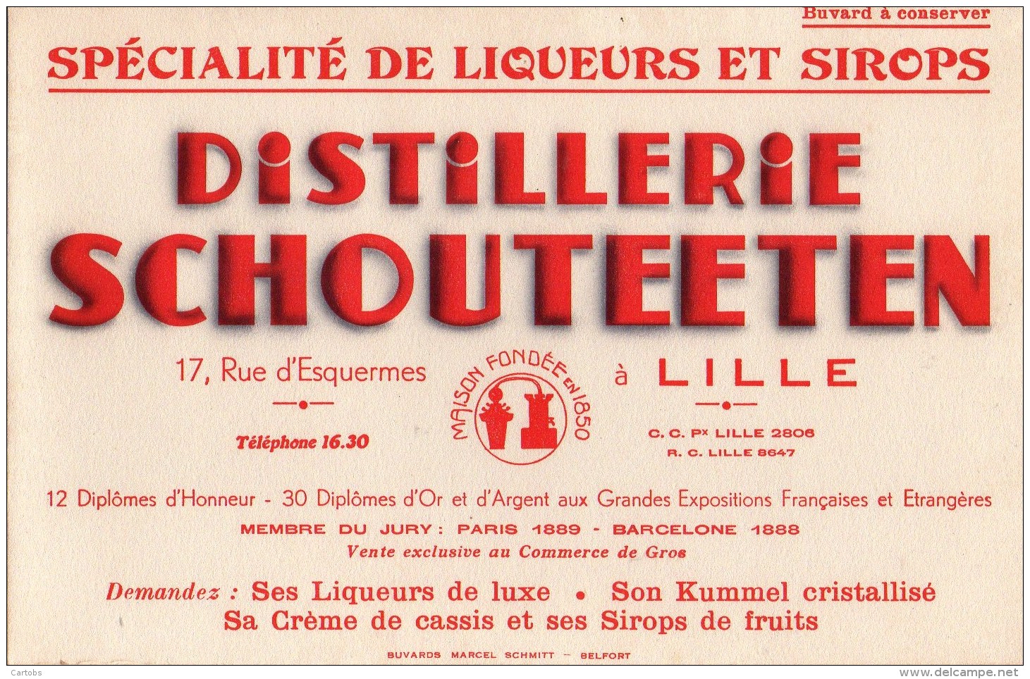 Buvard Distillerie Schouteeten  17 Rue D'Esquermes LILLE - Liqueur & Bière