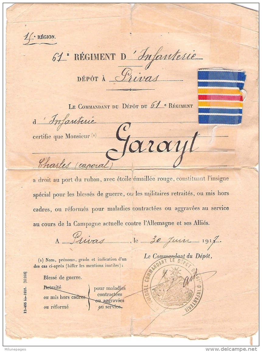 Autorisation De Port Du Ruban Insigne Des Blessés De Guerre 61éme RI Privas 1917 - Documents