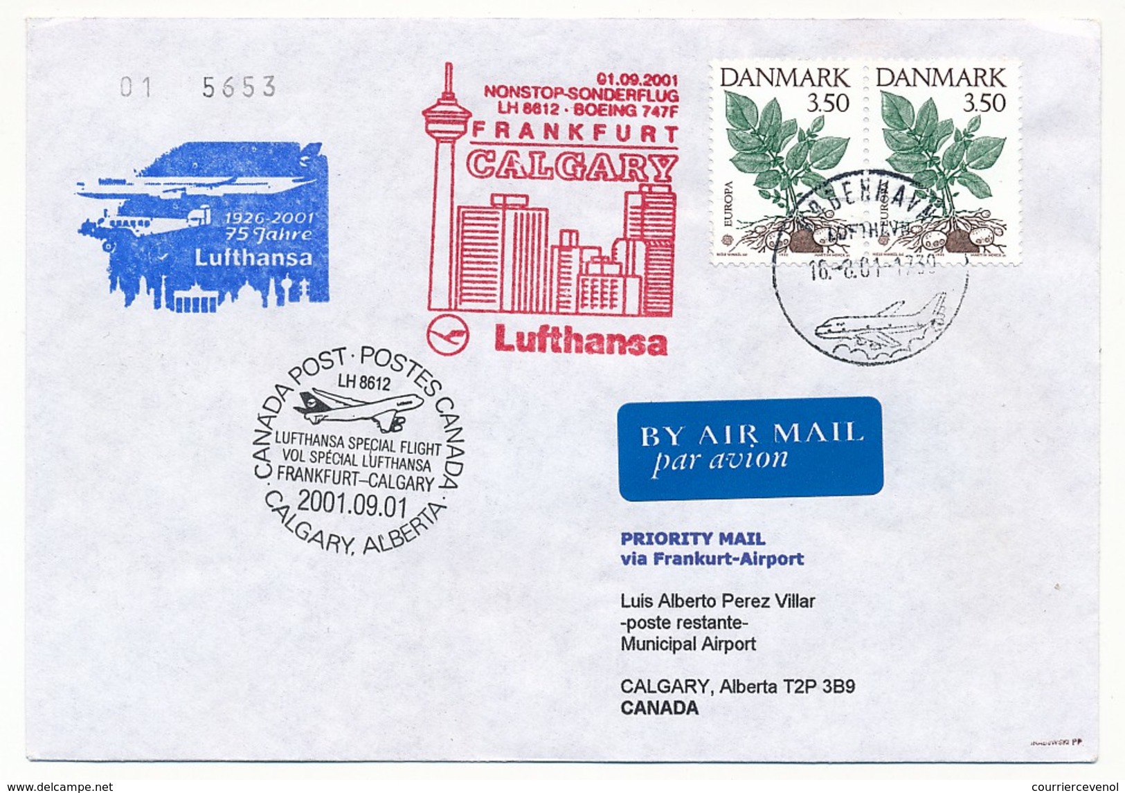 DANEMARK - Enveloppe Vol Lufthansa LH 8612 Boeing 747F - Francfort => Calgary - 2001 - Airmail