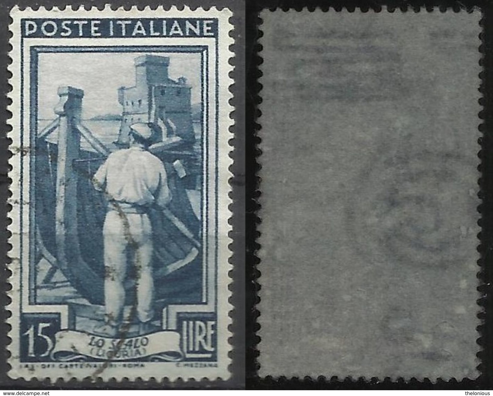 Filigrana Lettere Alta 10/10 + - 15 Lire Ruota 1° SA - Italia Al Lavoro - 1946-60: Afgestempeld