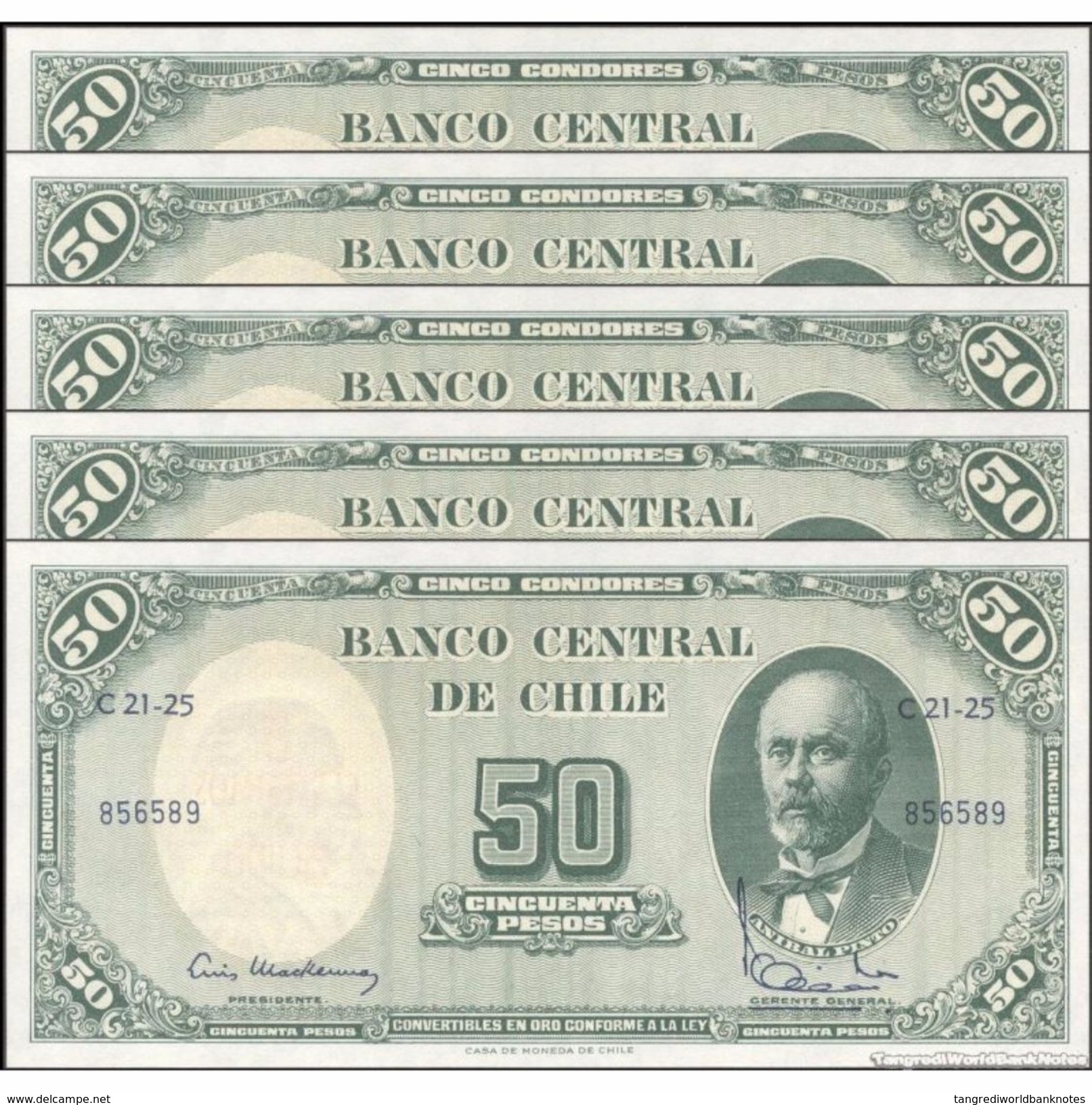 TWN - CHILE 126b1 - 5/50 Centesimos/Pesos 1960-61 DEALERS LOT X 5 - Serie C 21-25 - Signatures: Mackenna & Ibañez UNC - Chili