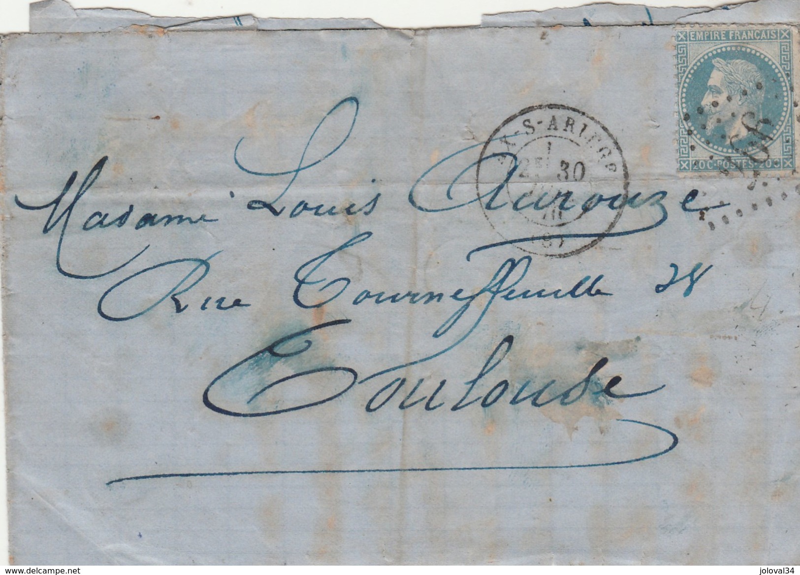 Yvert 29 Sur Partie De Lettre Cachet AX Sur Ariège 30/7/1870 GC 266 Pour Toulouse - 1849-1876: Période Classique